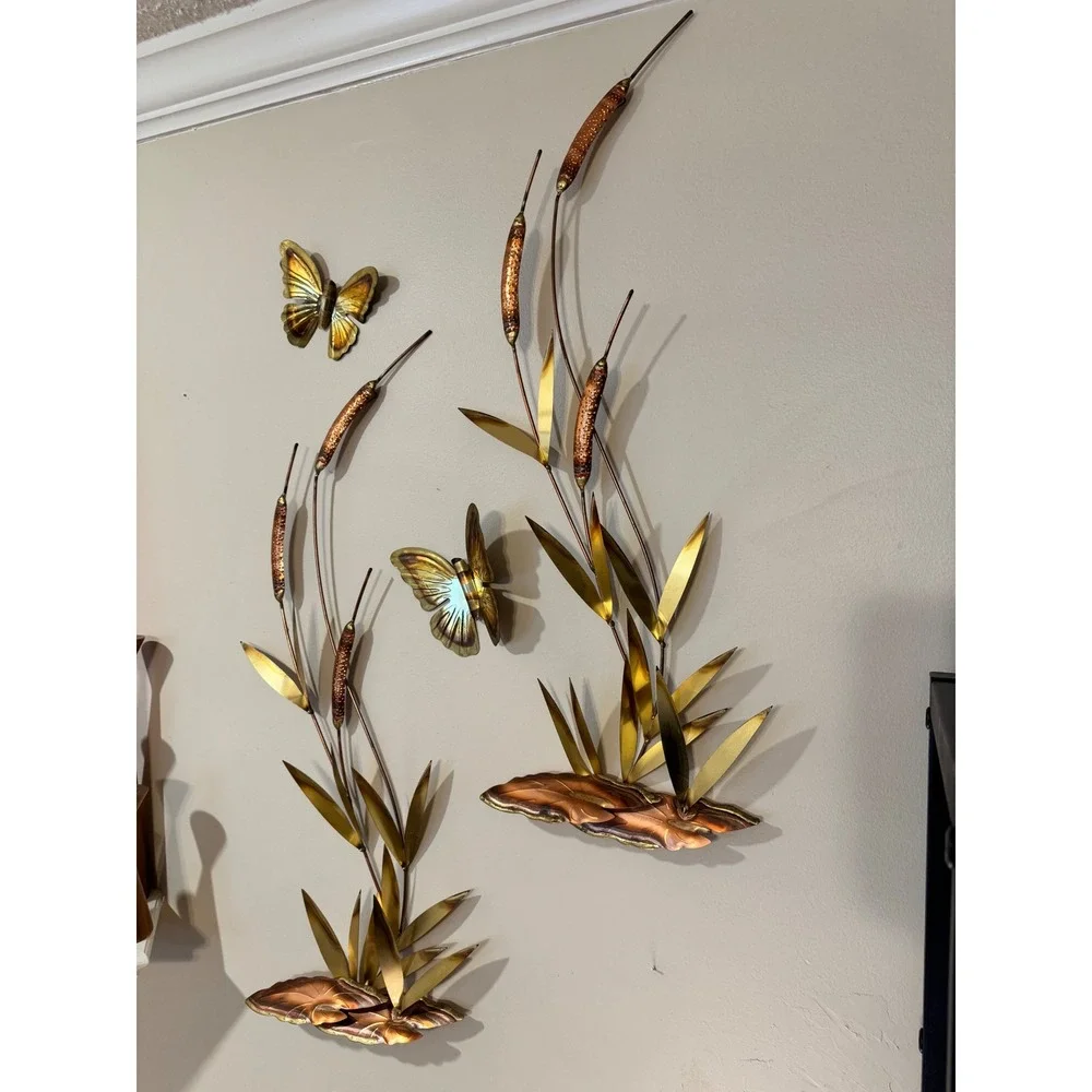 Vintage Mid-Century Modern Metal Wall Art Copper Brass Cattails Butterflies 4pc - Picture 4 of 6